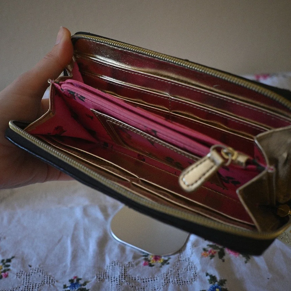 Betsey Johnson Floral Zip Around Wallet Black Pink Rose Print Gold Interior